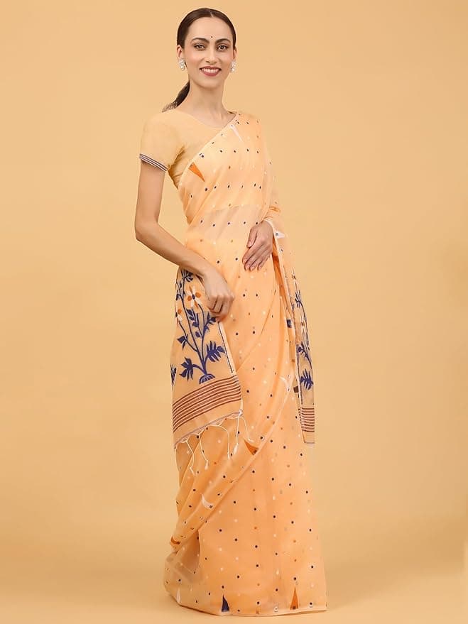 NIBIRAPON Peach Cotton Soft Jamdani Saree for Women (Peach) 3