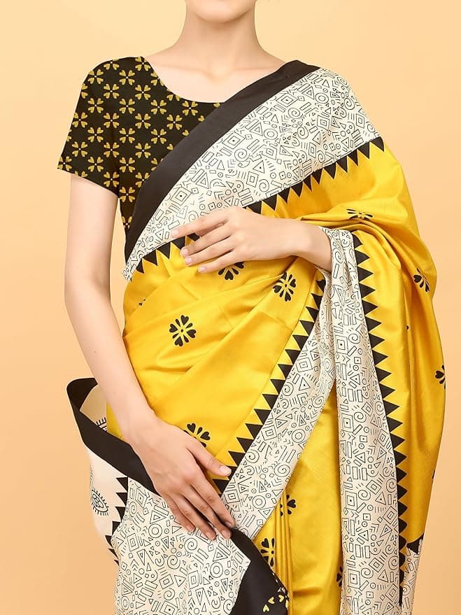 NIBIRAPON Printed Arani Pattu Art Silk Saree for Women | Elegant Floral & Geometric Print Saree | Lightweight Soft Silk Saree with Blouse Piece 3