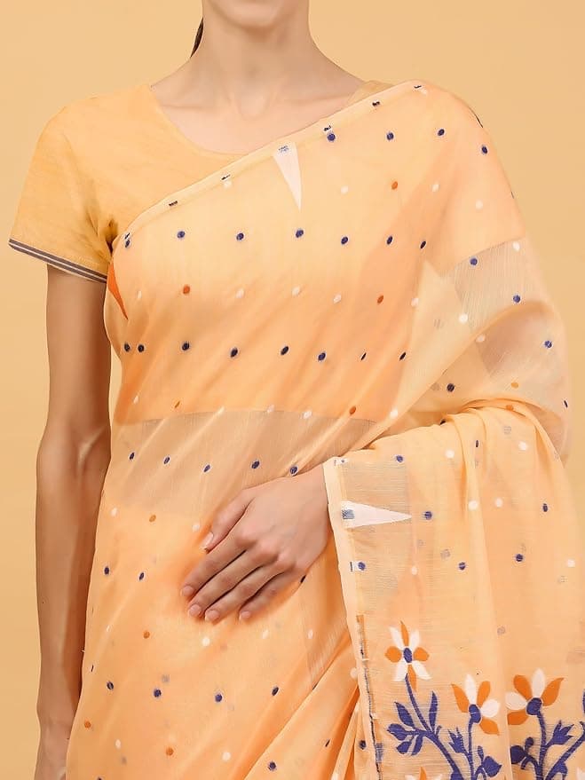 NIBIRAPON Peach Cotton Soft Jamdani Saree for Women (Peach) 6