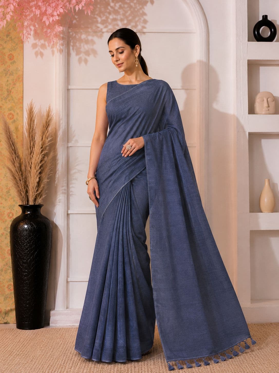 Elegant Dual-Tone Mul Cotton Saree in Stale Blue 2