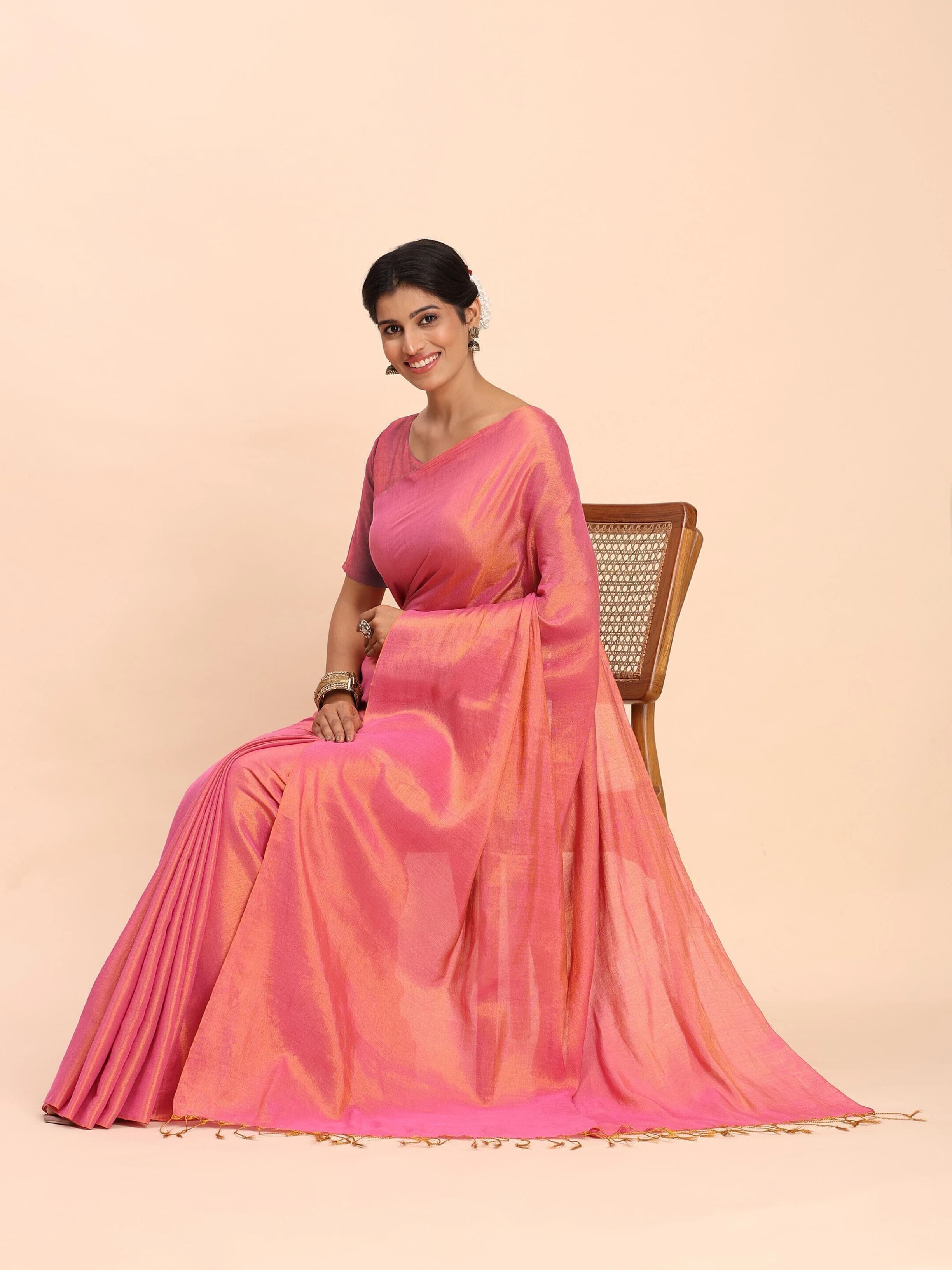 Handloom Tissue Saree for Women (Rani Pink) 4