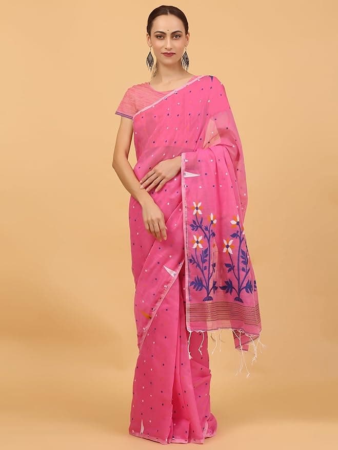 Pink Cotton Soft Jamdani Saree for Women (Pink) 5