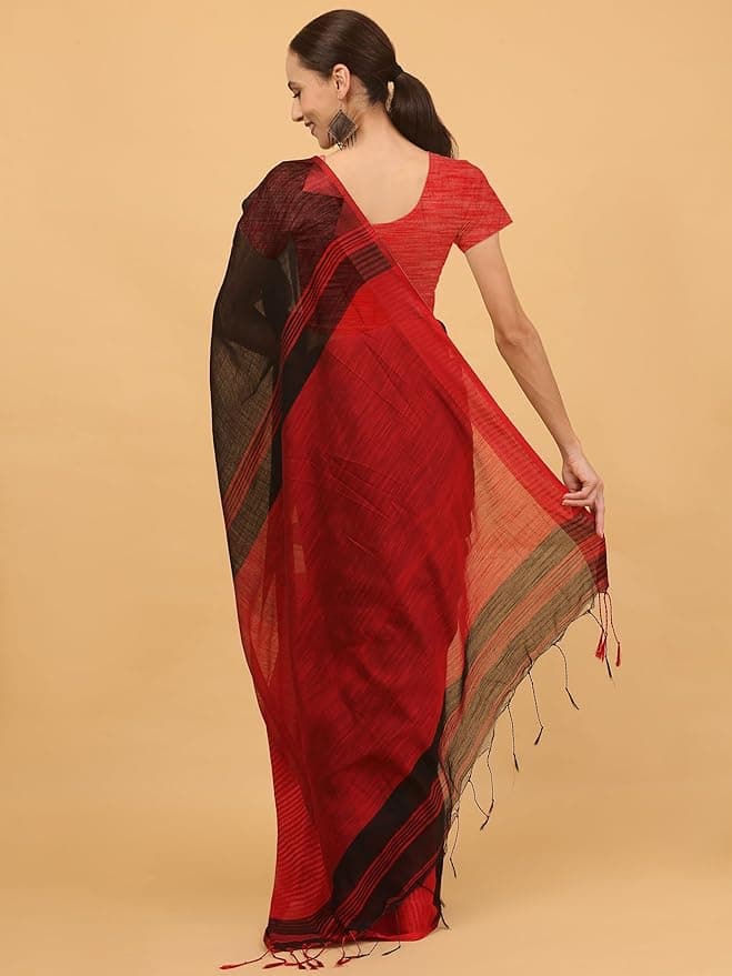 NIBIRAPON Women Black Cotton Saree with Red Border