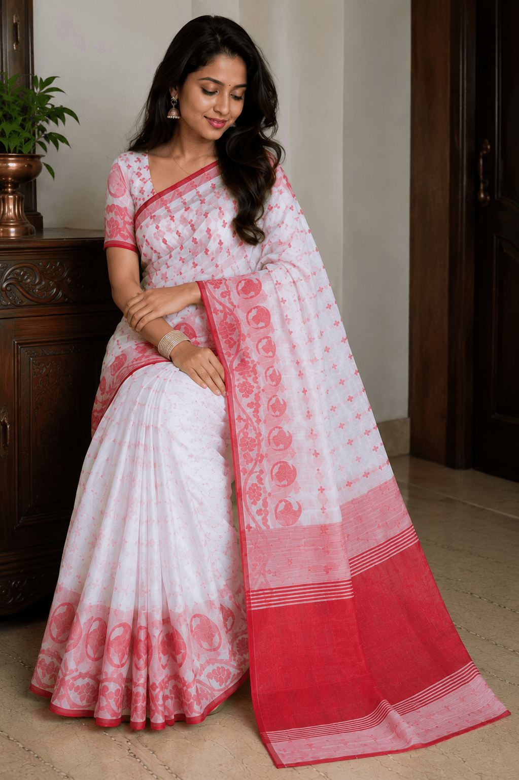 Red & White Handloom Cotton Jamdani Saree with All Over Weaving Work 2