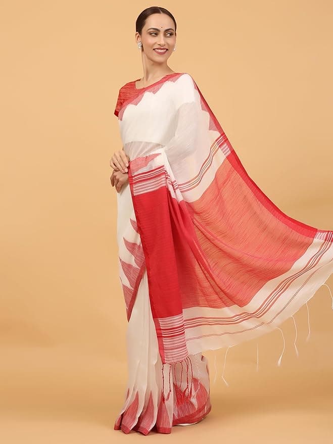 NIBIRAPON Elegant White Cotton Saree with Red Border & Pallu 2