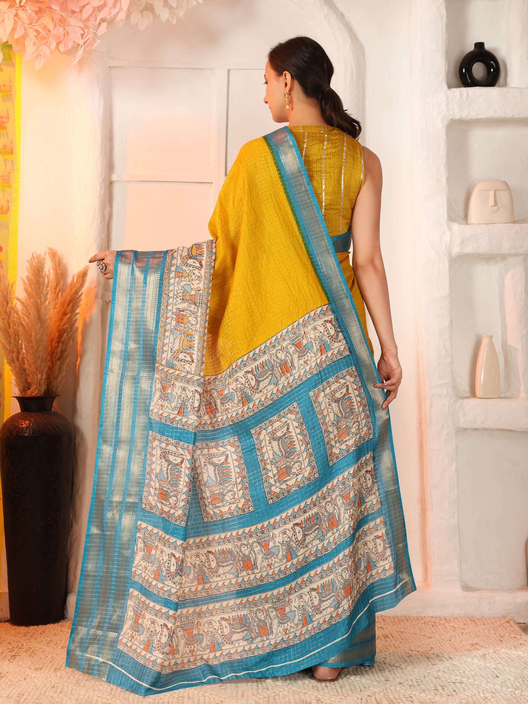 Women Tussar Blend Madhubani Printed Saree with Zari Border 7