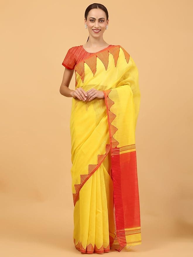NIBIRAPON Elegant Yellow Cotton Saree with Red Border & Pallu (Duplicate) 3