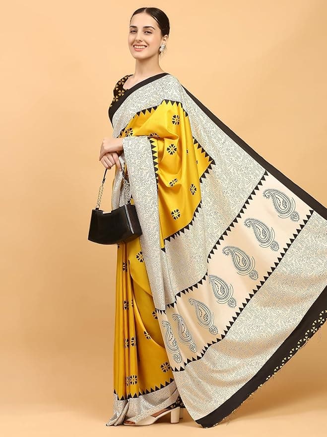NIBIRAPON Printed Arani Pattu Art Silk Saree for Women | Elegant Floral & Geometric Print Saree | Lightweight Soft Silk Saree with Blouse Piece