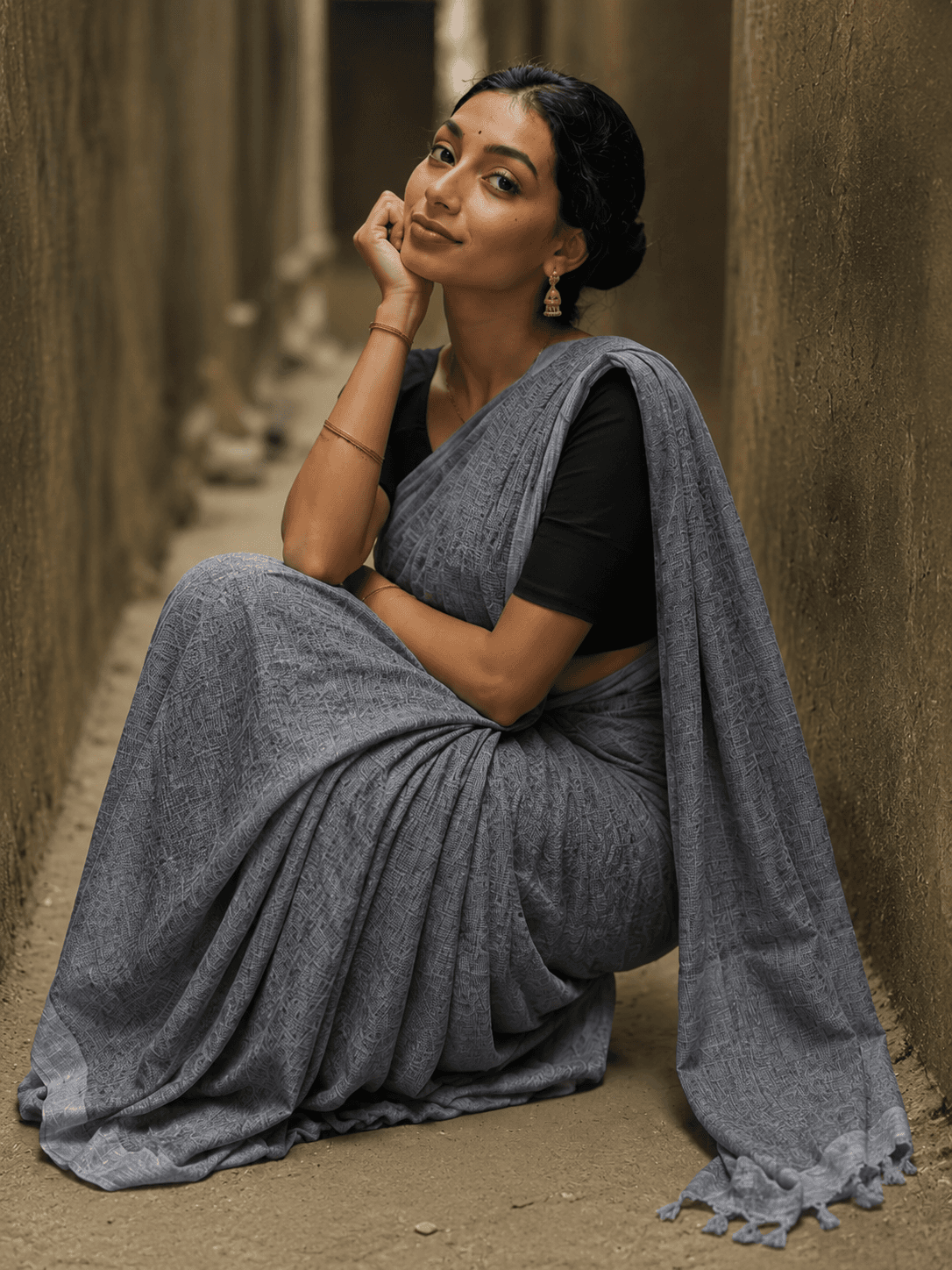 Elegant Dual-Tone Mul Cotton Saree in Charcoal Mist 2