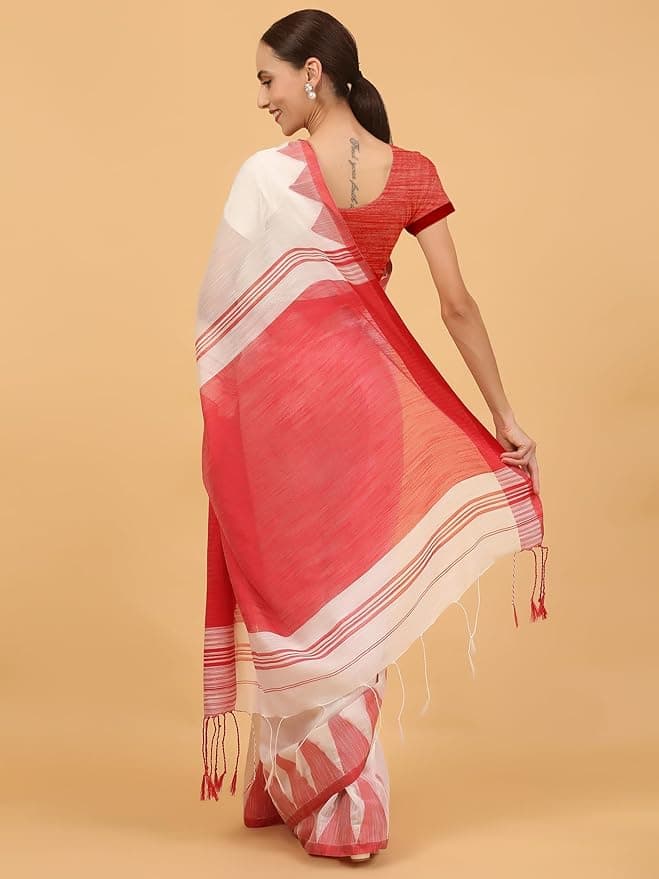 NIBIRAPON Elegant White Cotton Saree with Red Border & Pallu 3