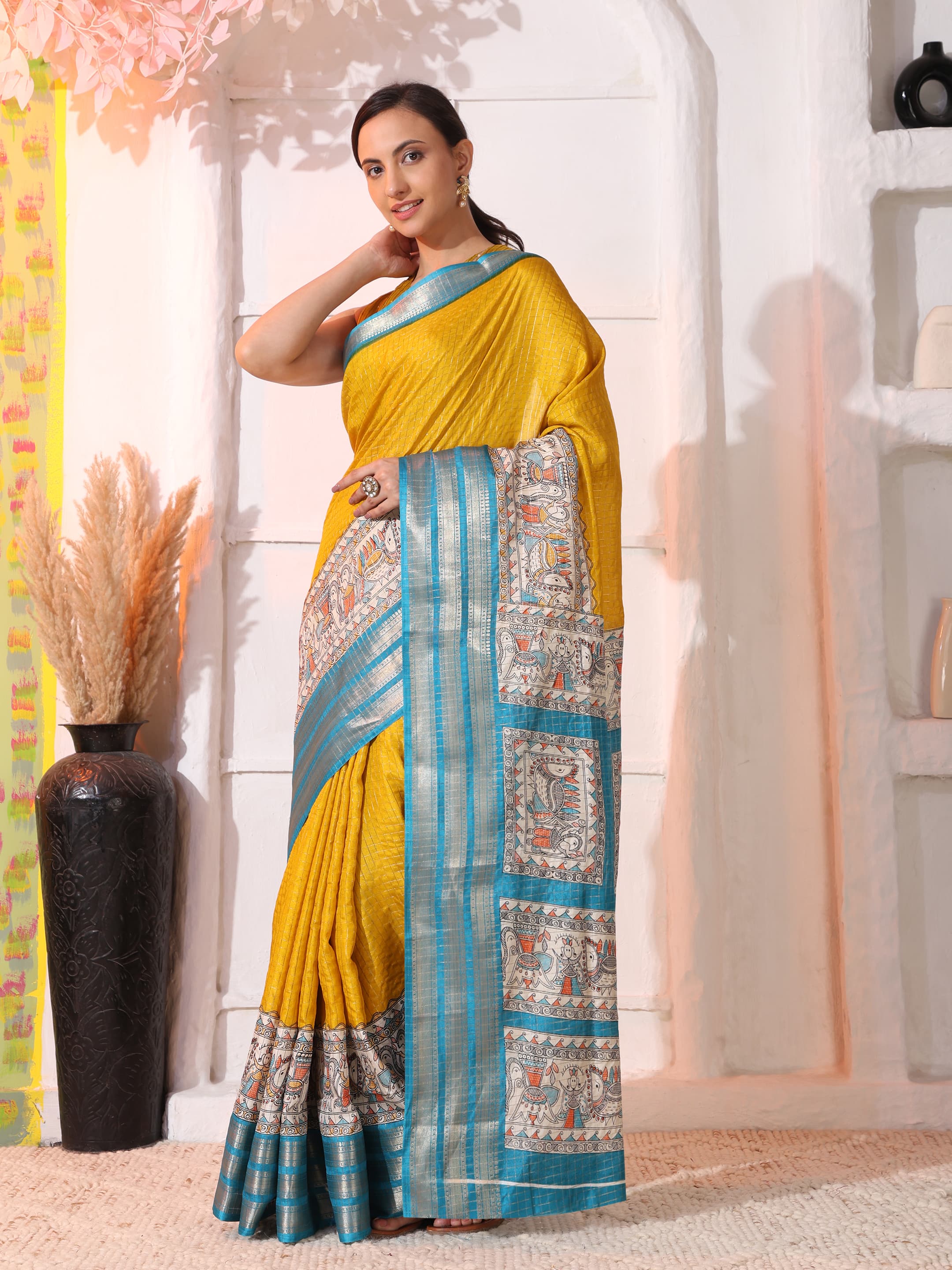 Women Tussar Blend Madhubani Printed Saree with Zari Border 3