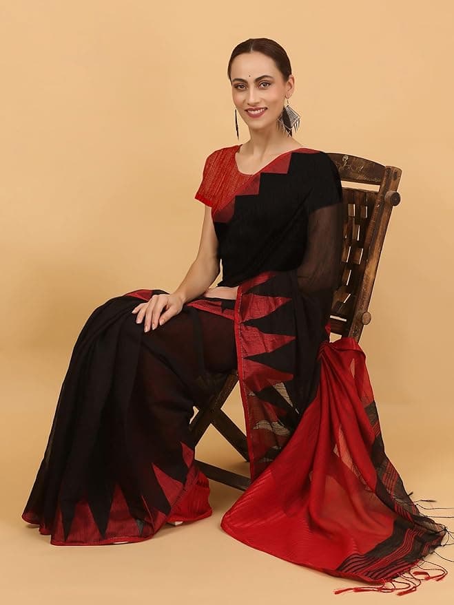 NIBIRAPON Women Black Cotton Saree with Red Border 2