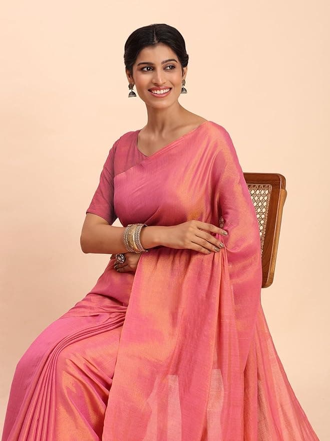 Handloom Tissue Saree for Women (Rani Pink)