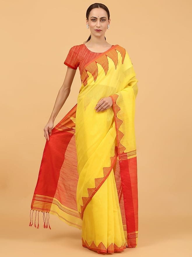 NIBIRAPON Elegant Yellow Cotton Saree with Red Border & Pallu (Duplicate)