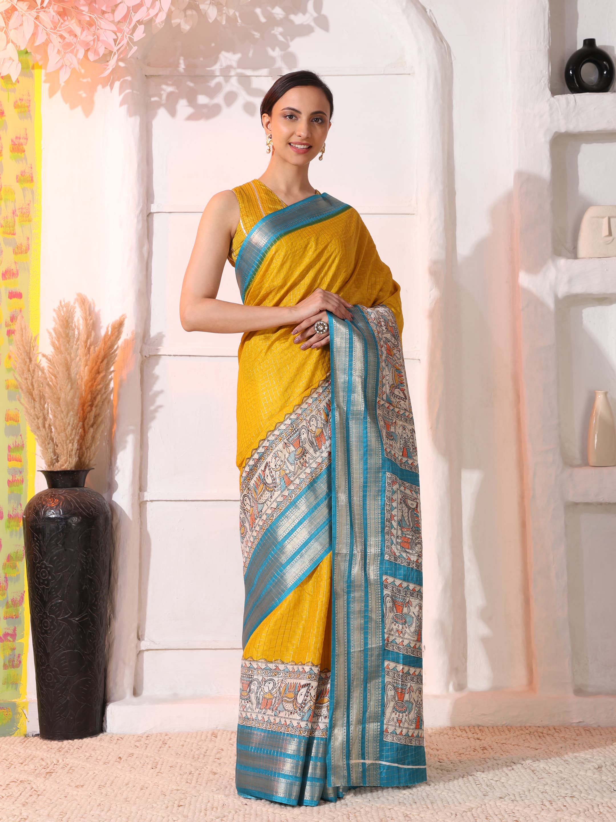Women Tussar Blend Madhubani Printed Saree with Zari Border 4