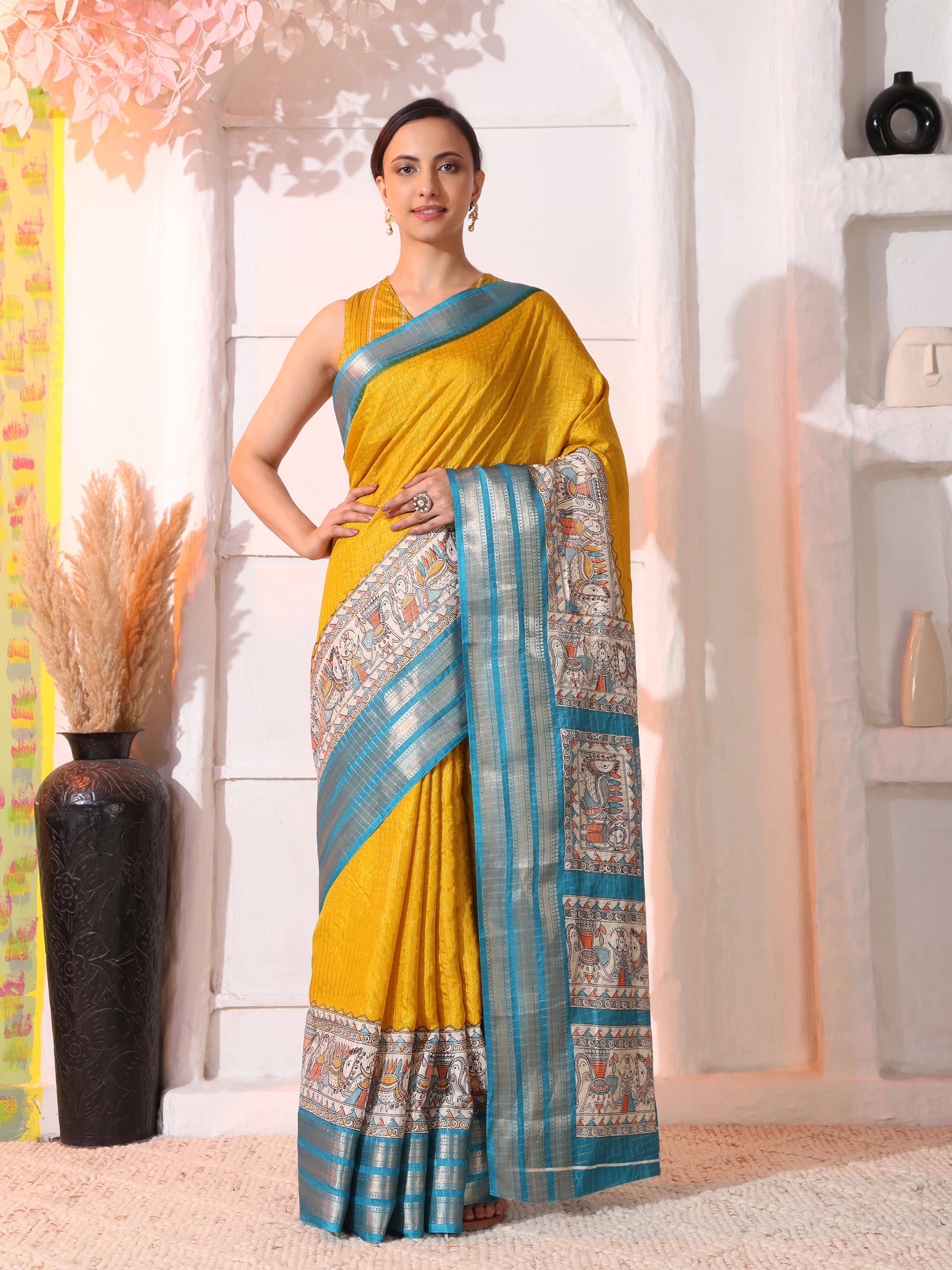 Women Tussar Blend Madhubani Printed Saree with Zari Border 2