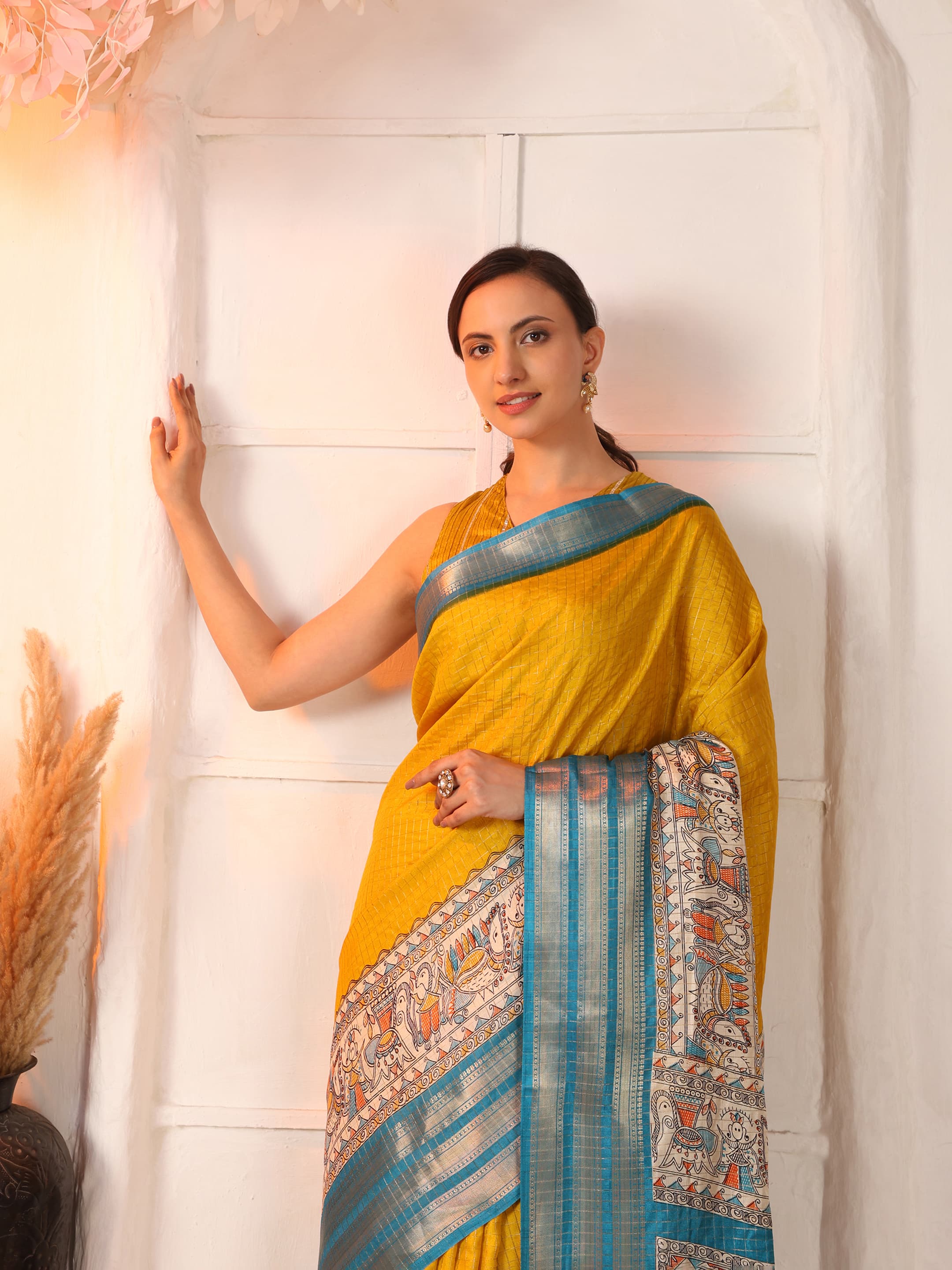 Women Tussar Blend Madhubani Printed Saree with Zari Border 6