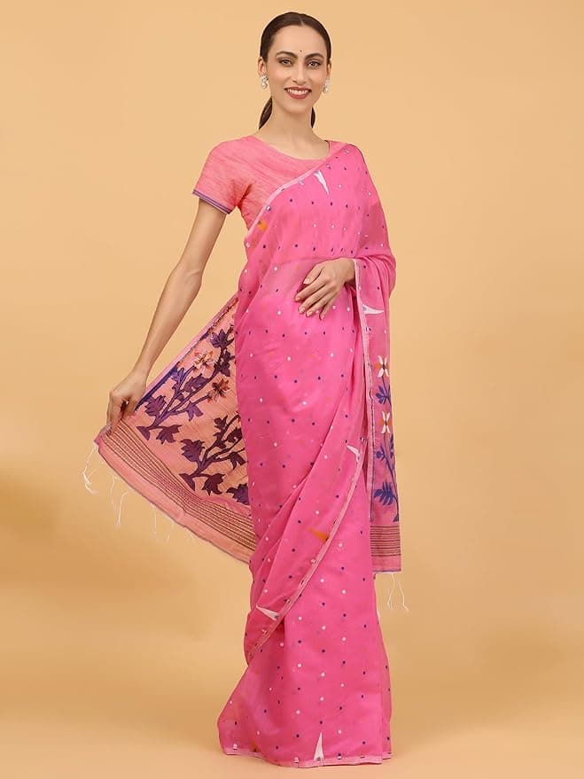 Pink Cotton Soft Jamdani Saree for Women (Pink)