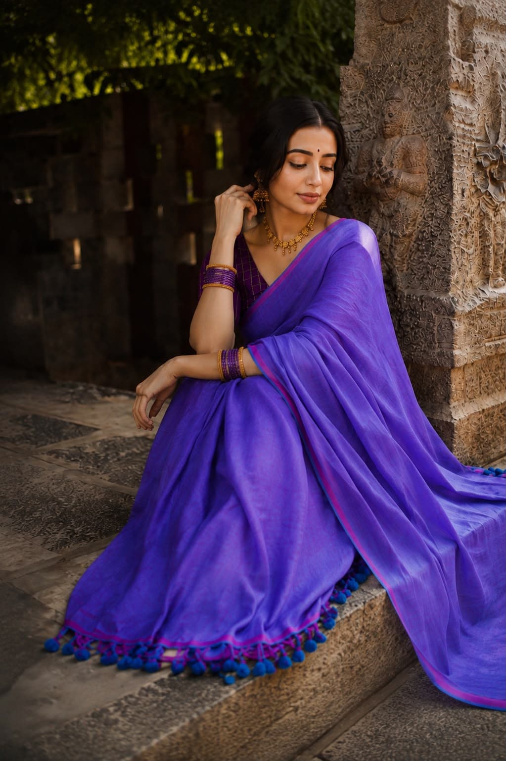 Elegant Dual-Tone Mul Cotton Saree in Violet Dream 2