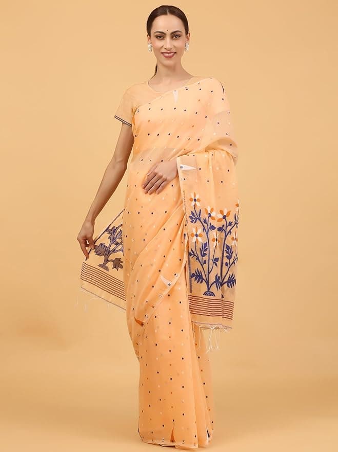 NIBIRAPON Peach Cotton Soft Jamdani Saree for Women (Peach) 2