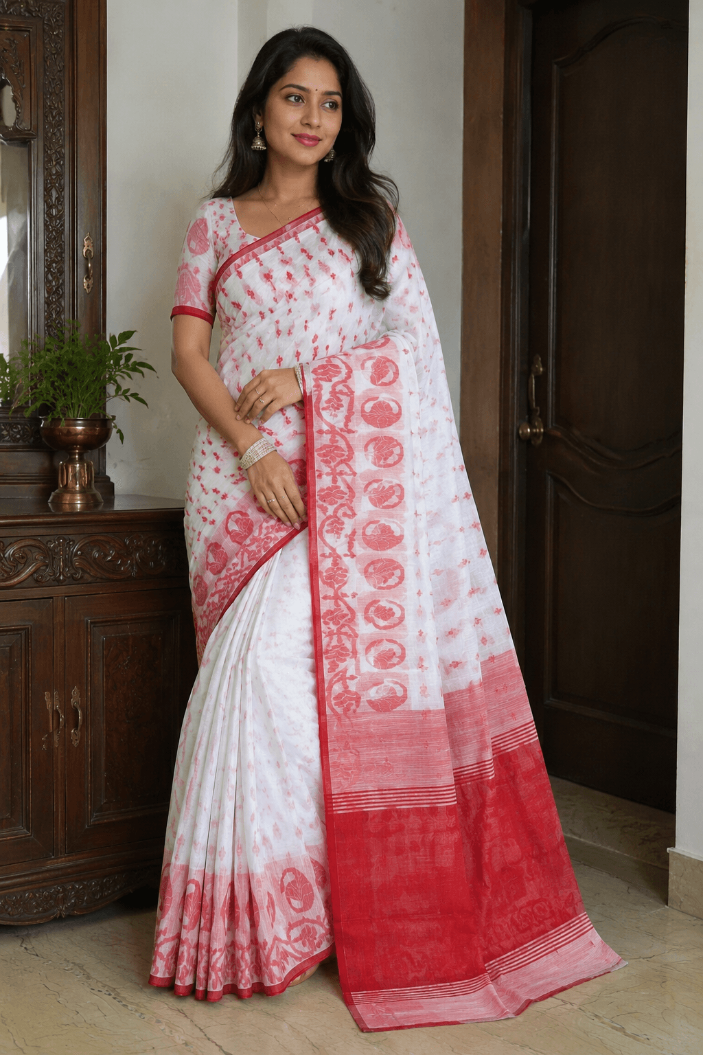 Red & White Handloom Cotton Jamdani Saree with All Over Weaving Work 3