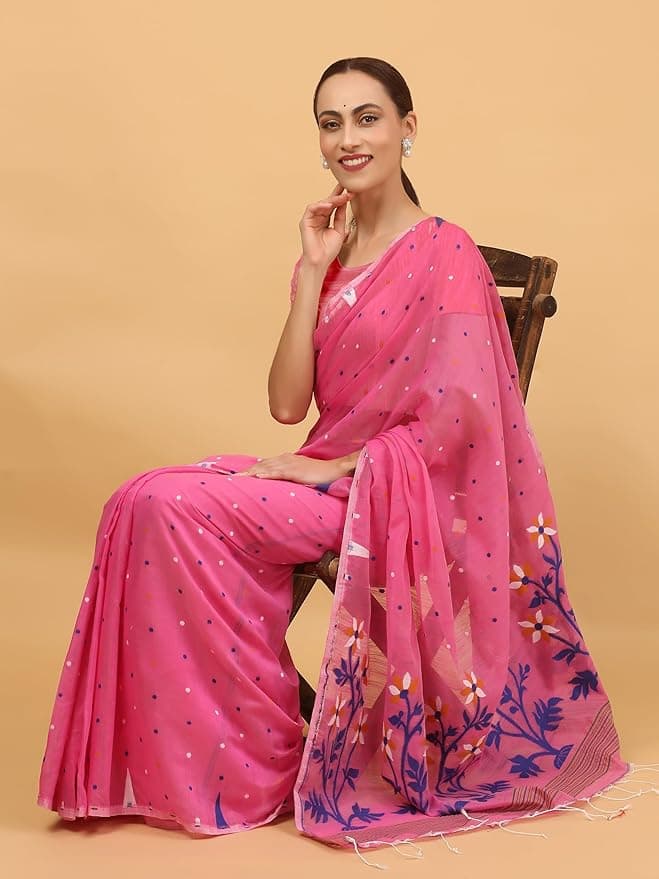 Pink Cotton Soft Jamdani Saree for Women (Pink) 3