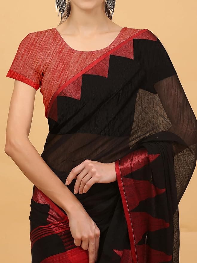 NIBIRAPON Women Black Cotton Saree with Red Border 3