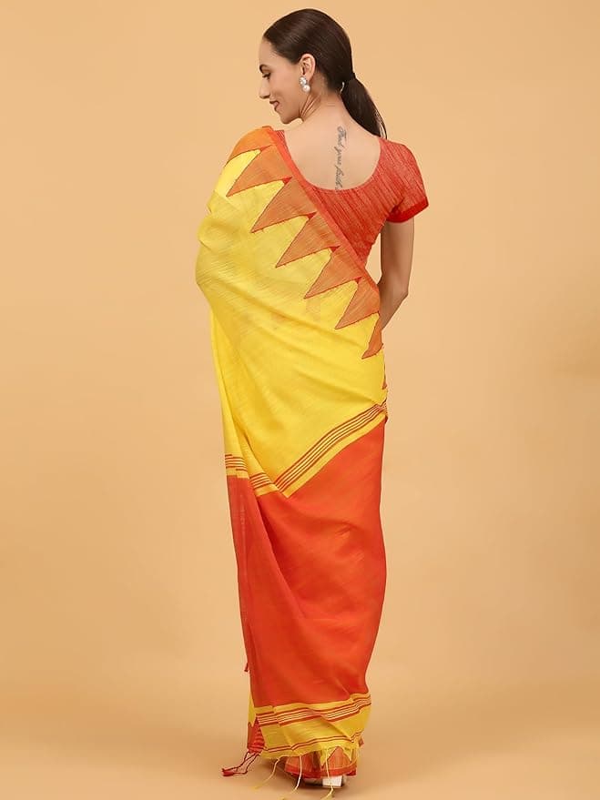 NIBIRAPON Elegant Yellow Cotton Saree with Red Border & Pallu (Duplicate) 2
