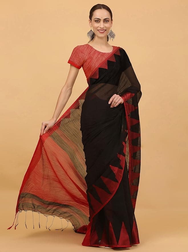 NIBIRAPON Women Black Cotton Saree with Red Border 4