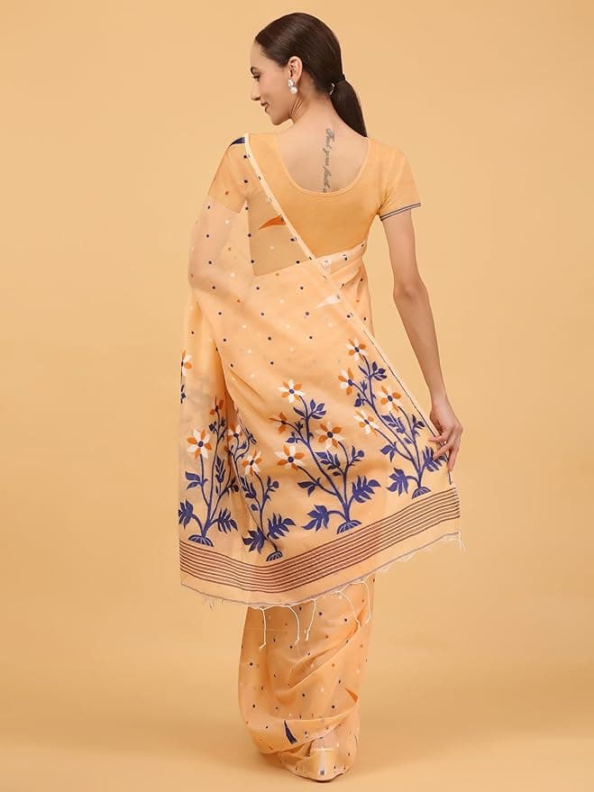 NIBIRAPON Peach Cotton Soft Jamdani Saree for Women (Peach)