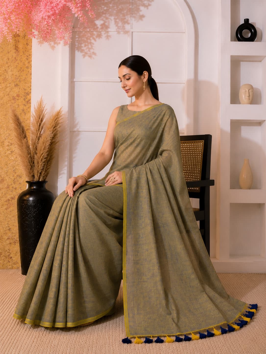 Elegant Dual-Tone Mul Cotton Saree in Olive Green