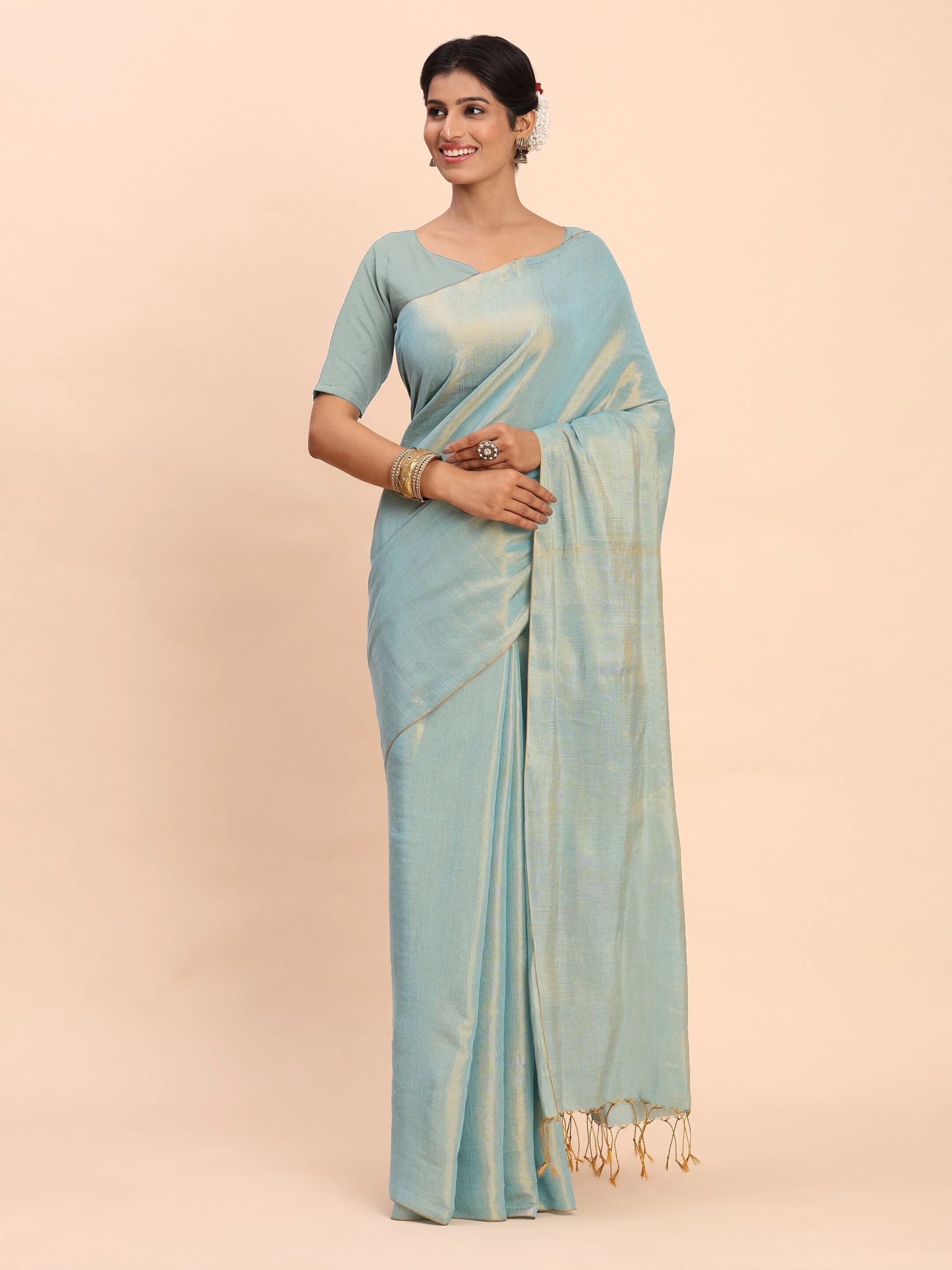 Handloom Tissue Saree for Women (Sea Green) 2