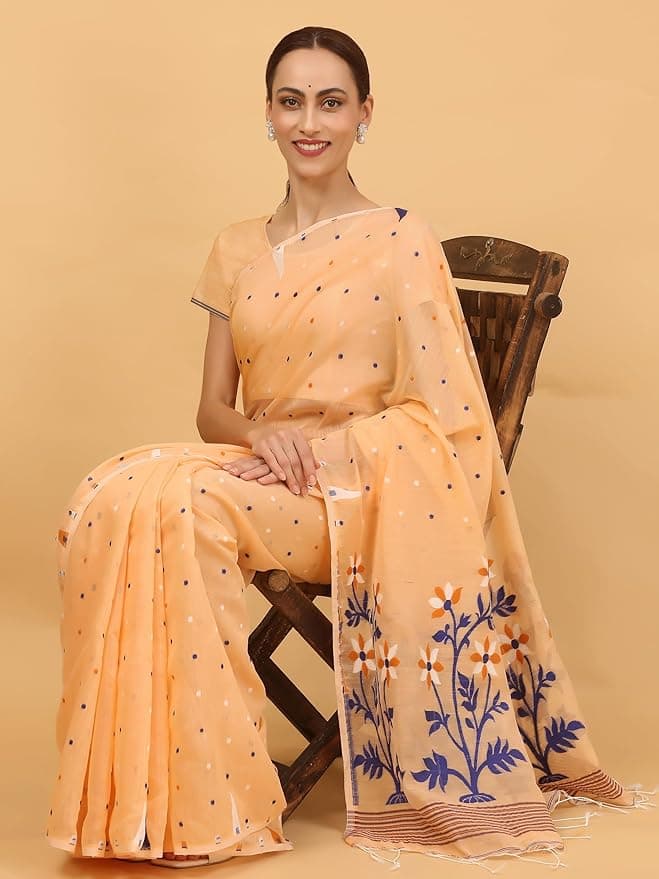 NIBIRAPON Peach Cotton Soft Jamdani Saree for Women (Peach) 5