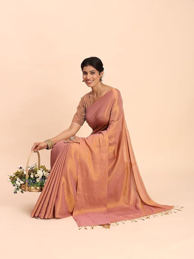 Handloom Tissue Saree for Women (Rose Gold)