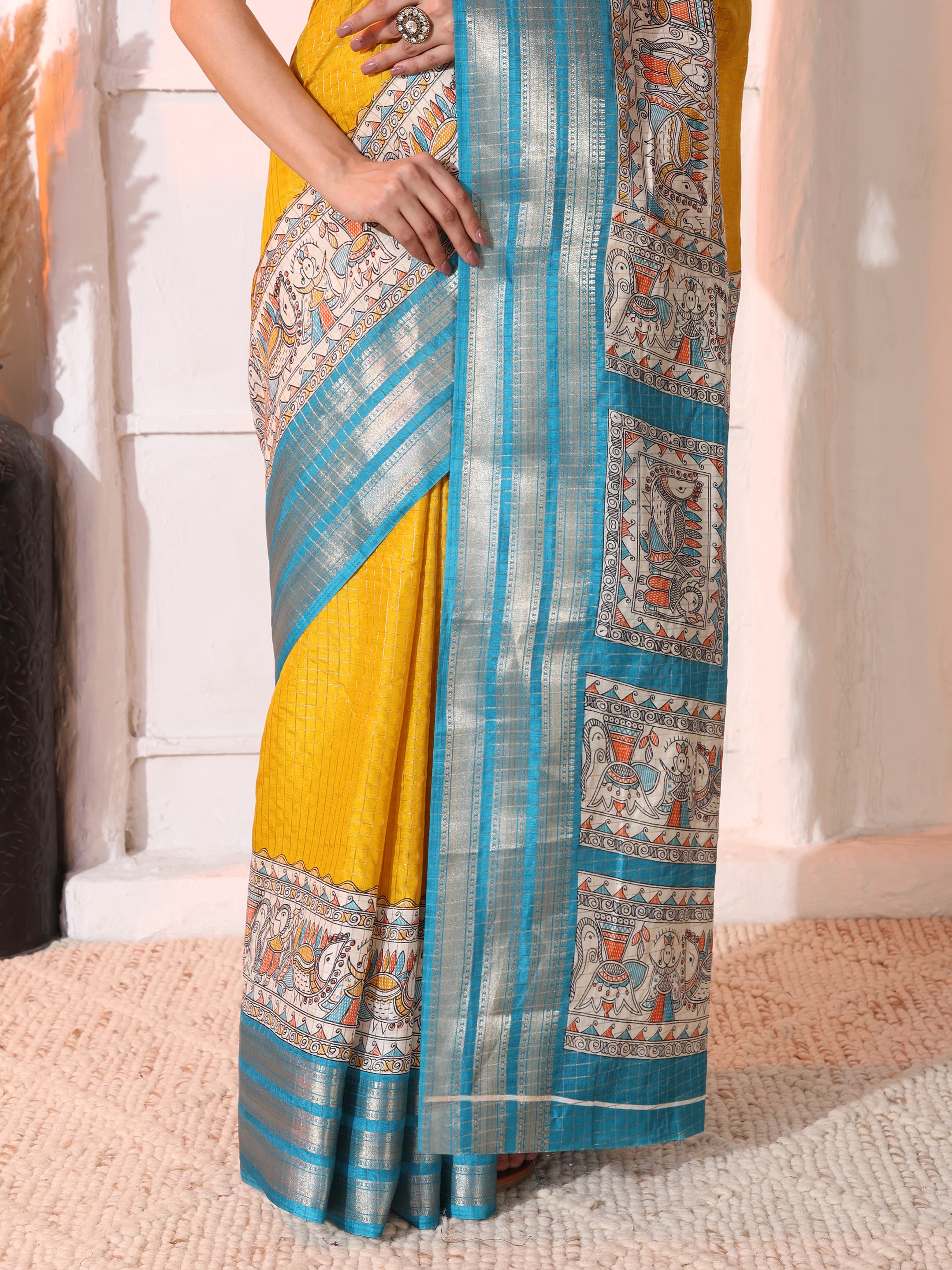 Women Tussar Blend Madhubani Printed Saree with Zari Border