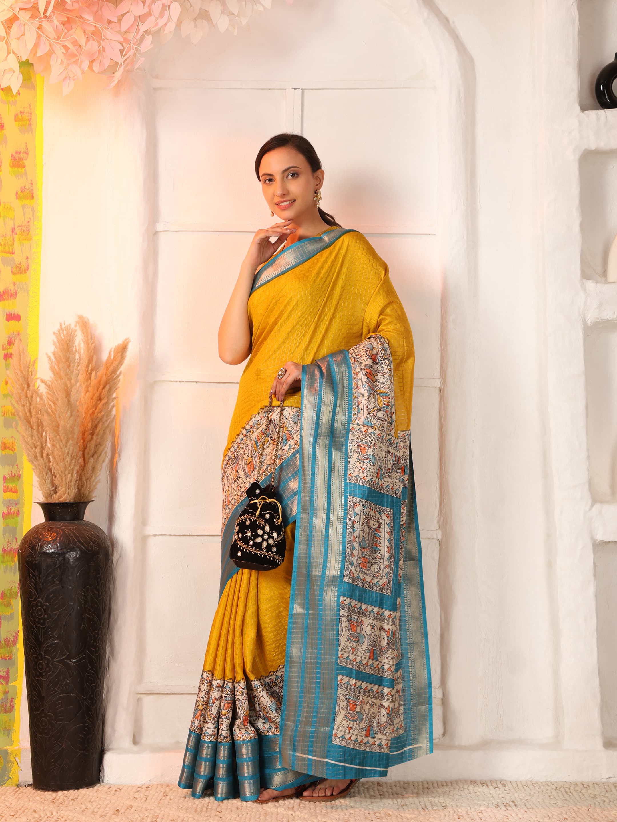 Women Tussar Blend Madhubani Printed Saree with Zari Border 5