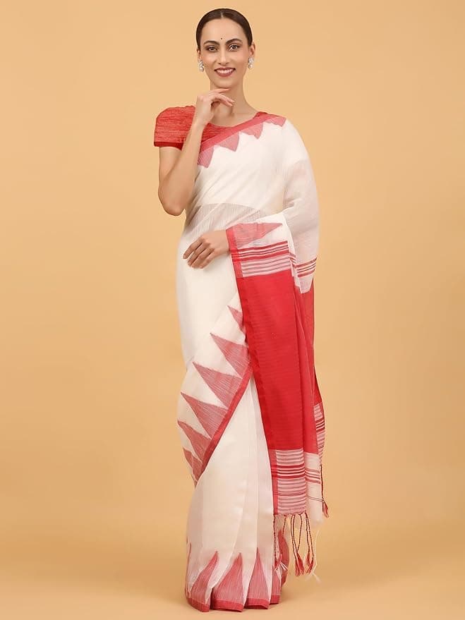 NIBIRAPON Elegant White Cotton Saree with Red Border & Pallu