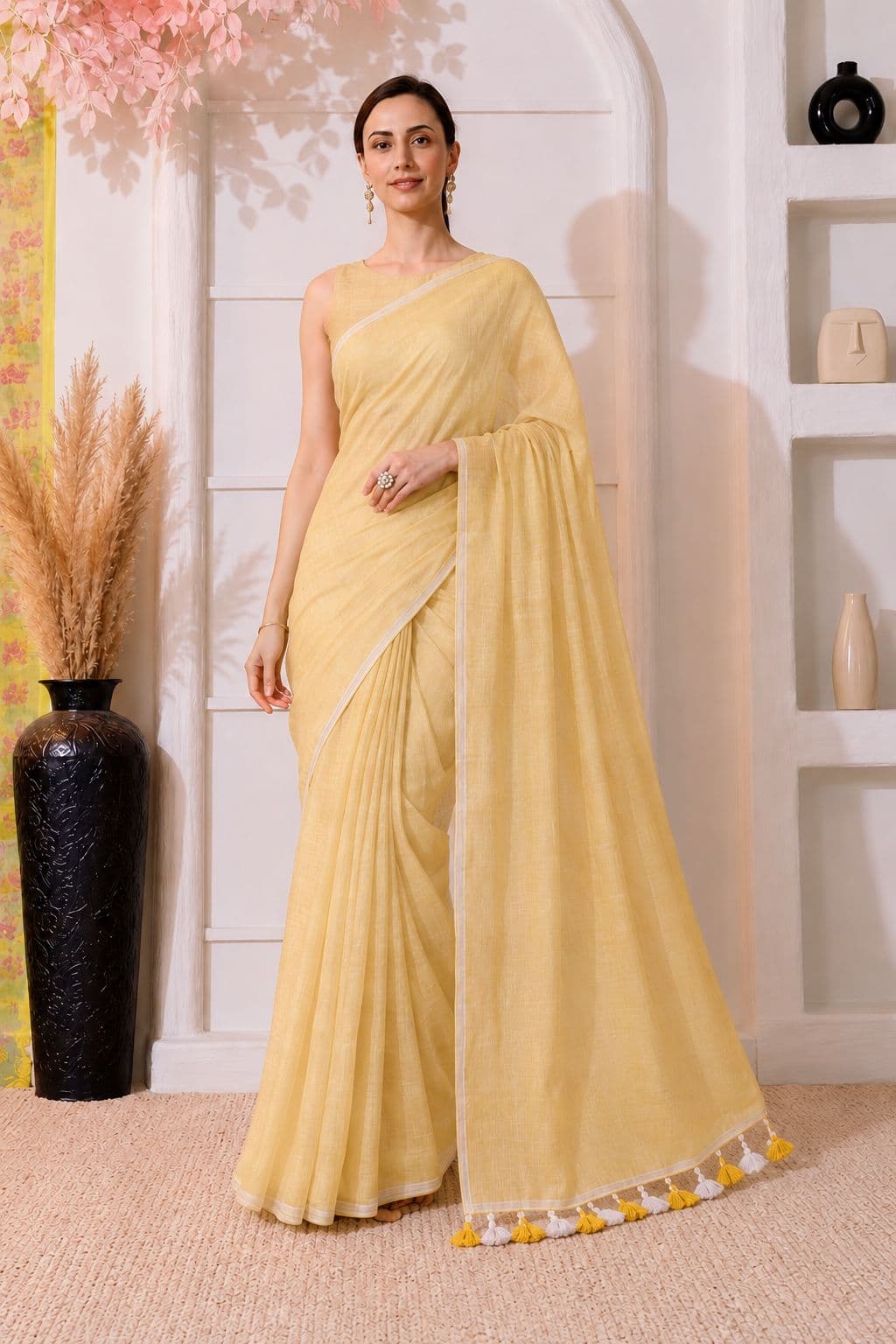 Elegant Dual-Tone Mul Cotton Saree in Vanilla Yellow